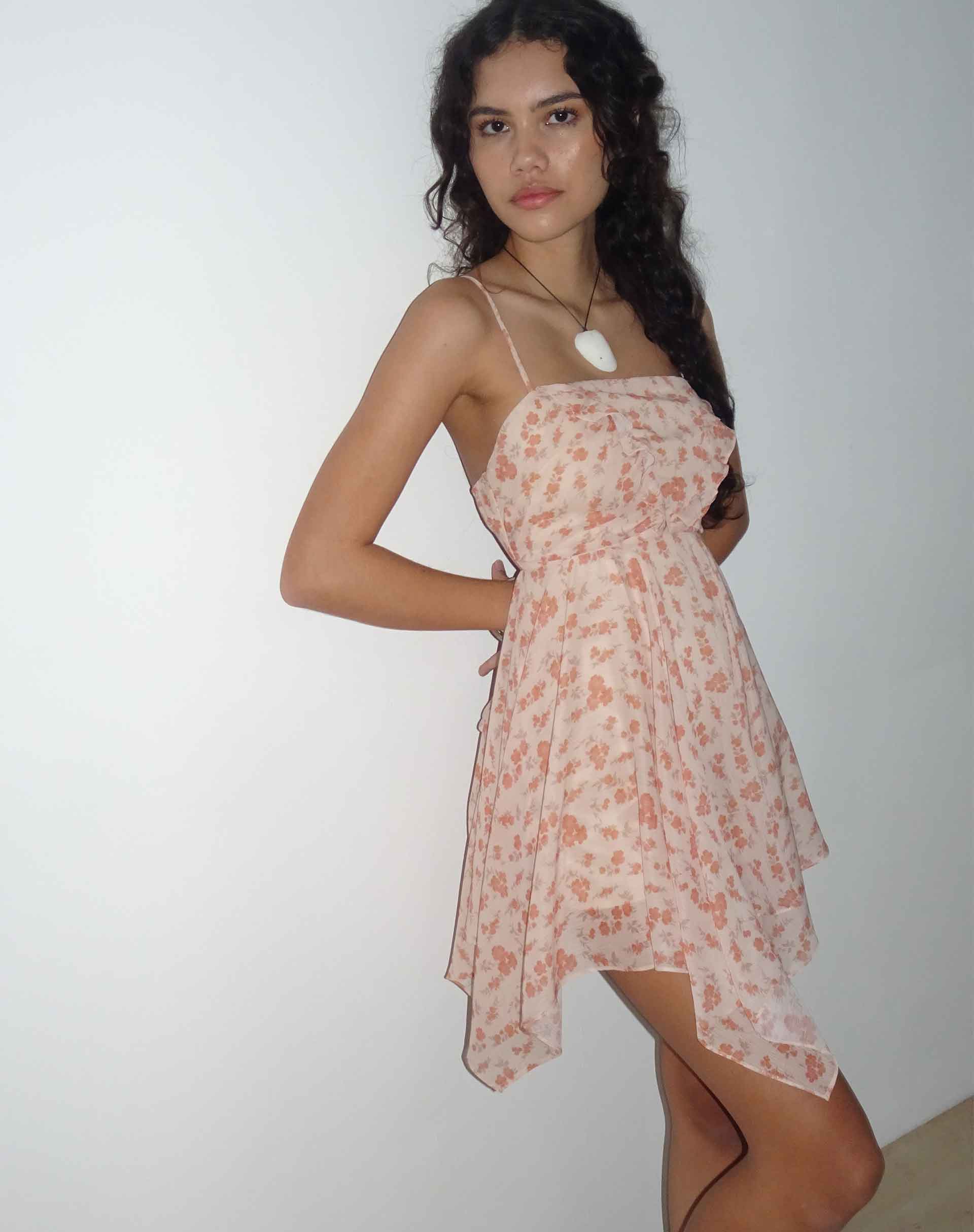 Peach Cherry Blossom Frill Detail Mini Dress | Raftar