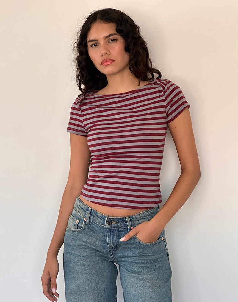 Ralina Short Sleeve Top in Mulberry Grey Stripes