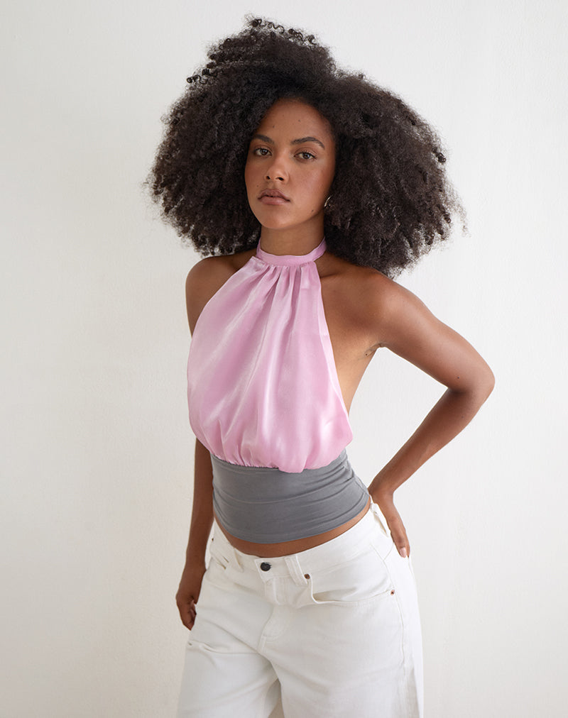 Pink Organza Satin with Grey Contrast Backless Top | Rania – motelrocks ...