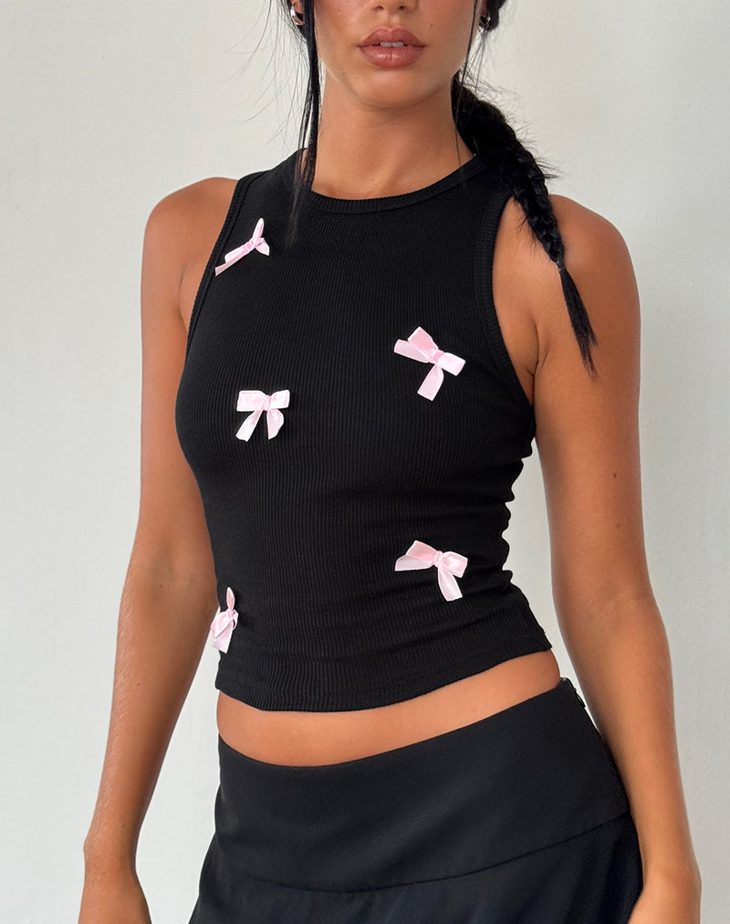 Rave Vest Top in Black with Pink Bows