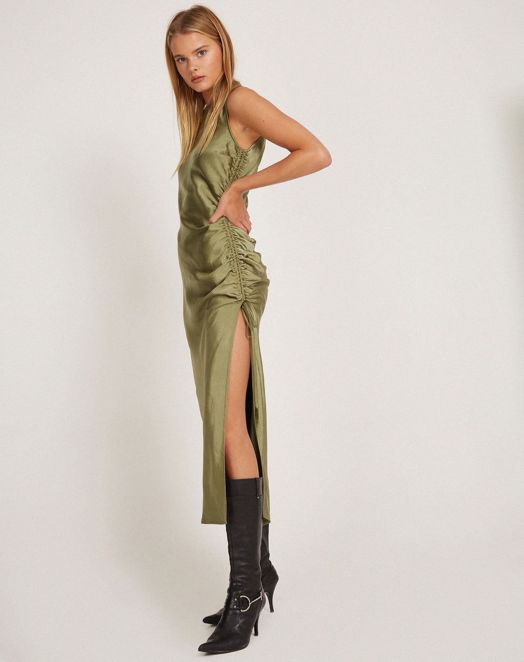 Raybu Ruched Midi Dress in Satin Olive