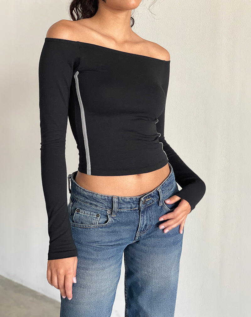 Image of Reiba Long Sleeve Top in Black with Grey Binding