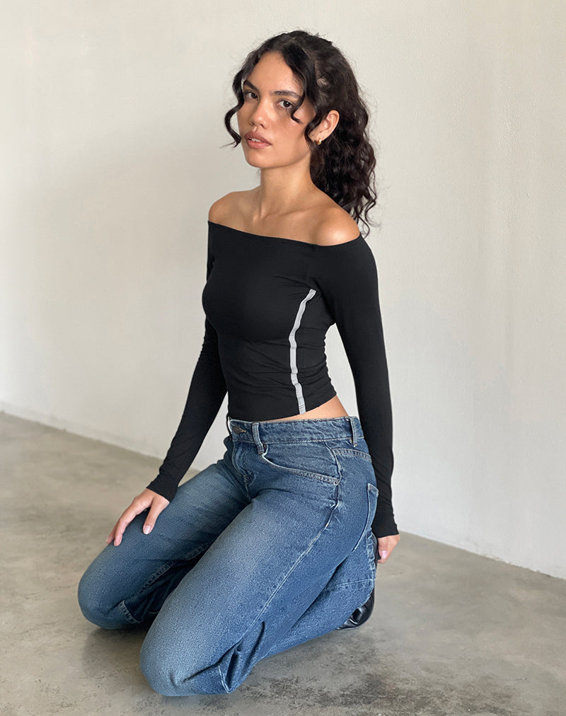 Reiba Long Sleeve Top in Black with Grey Binding