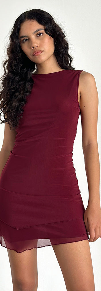 Mirna | Burgundy Crew-Neck Mini Dress With Bell Sleeves And Ruffled Detailing
