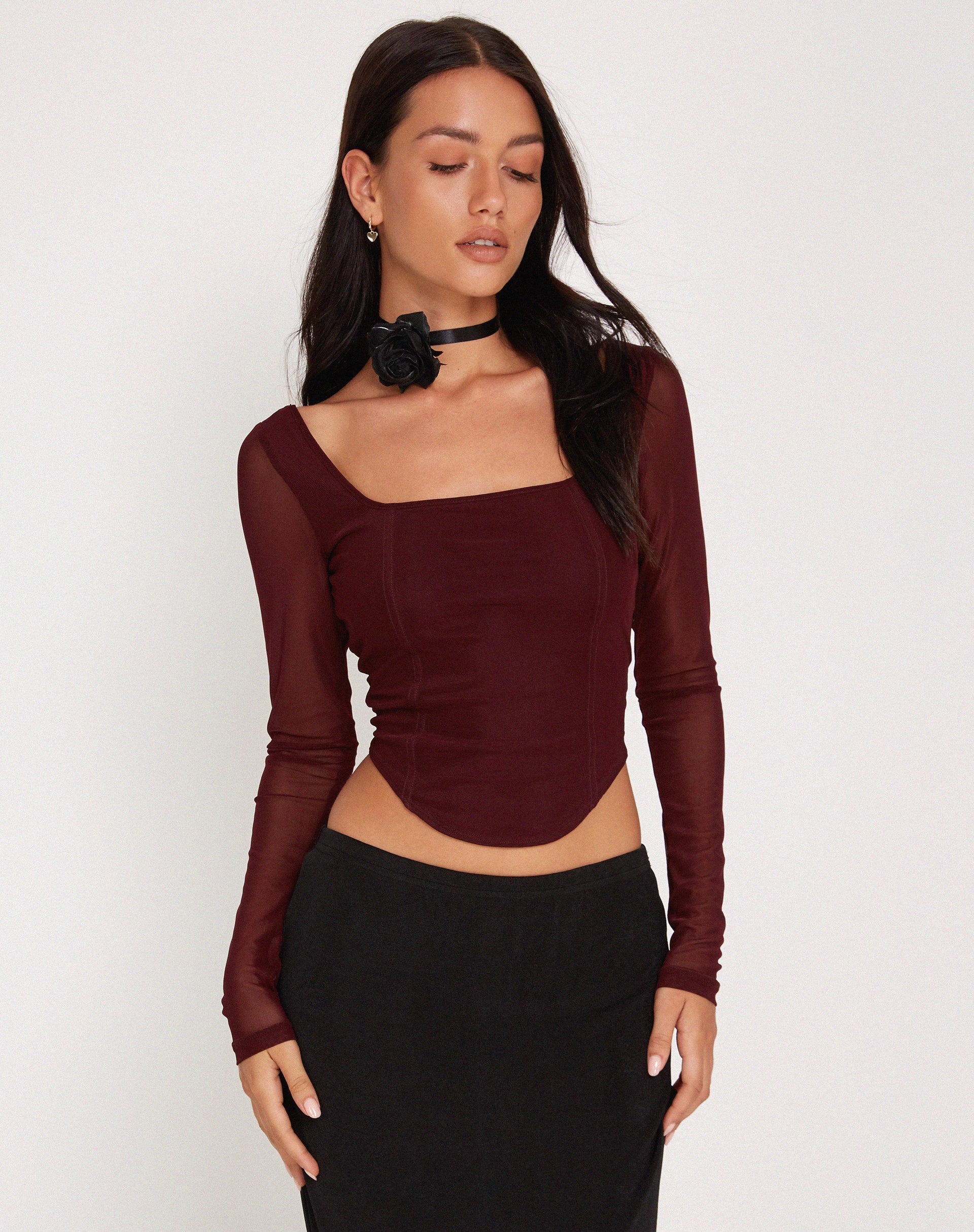 Mesh Burgundy Long Sleeve Crop Top | Helsiva – Motelrocks-com-us