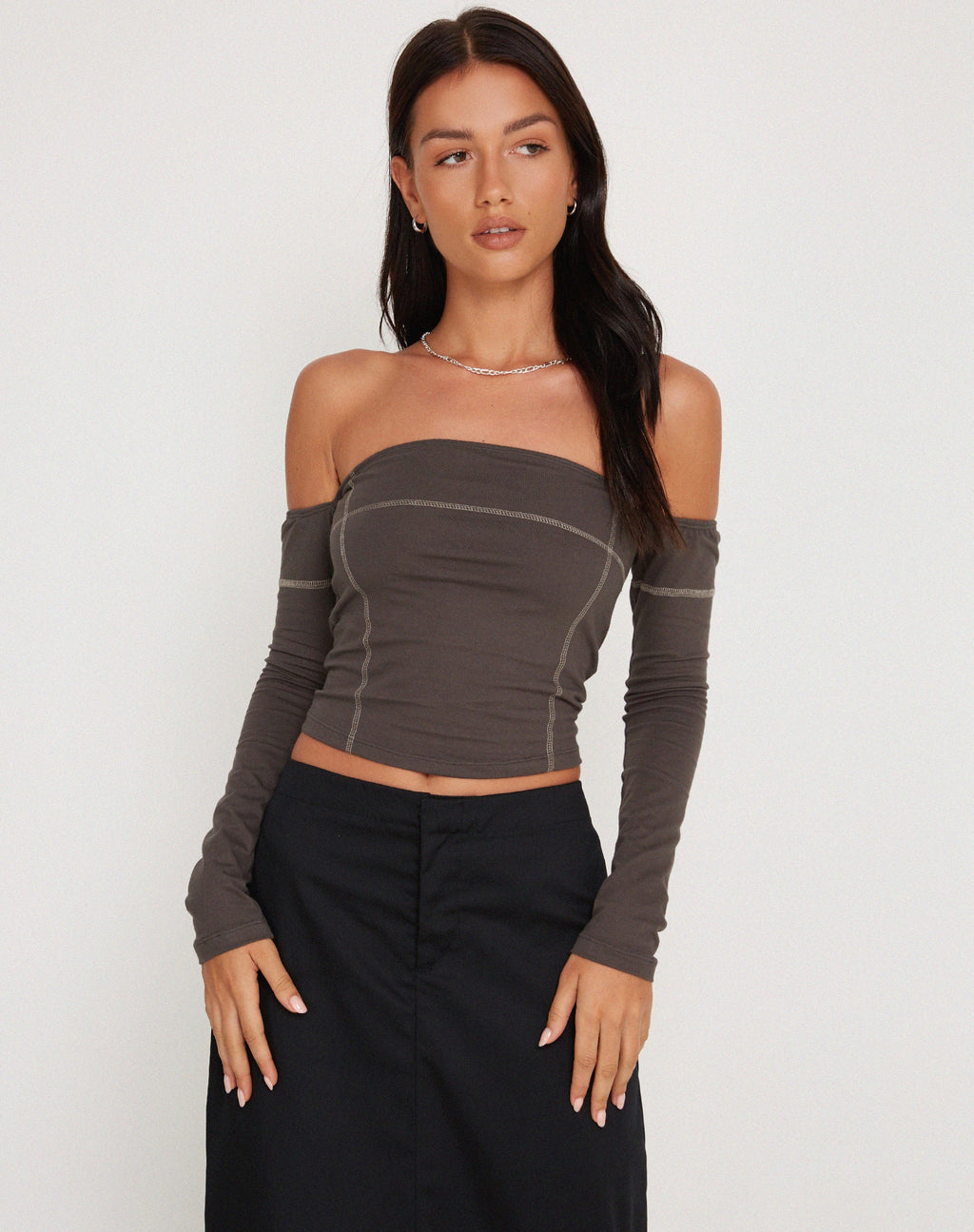 Lan Long Sleeve Top in Gunmetal with Grey Top Stitch