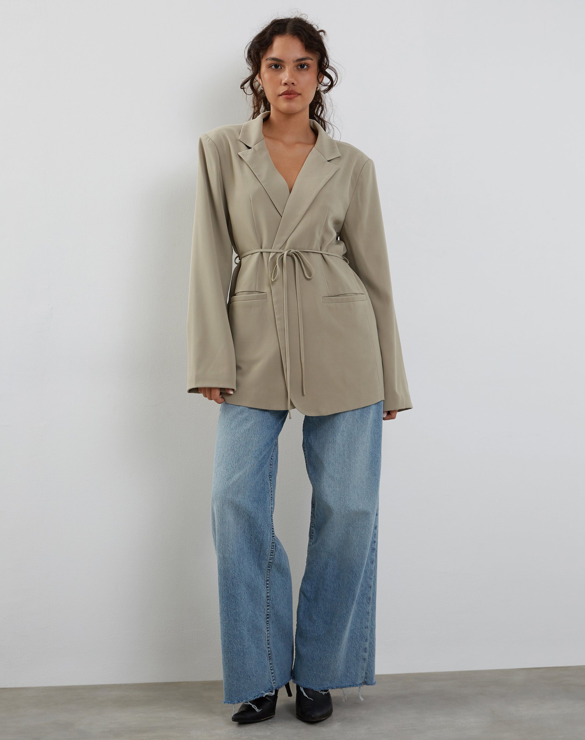 image of Mayta Tie Waist Blazer in Tailoring Taupe