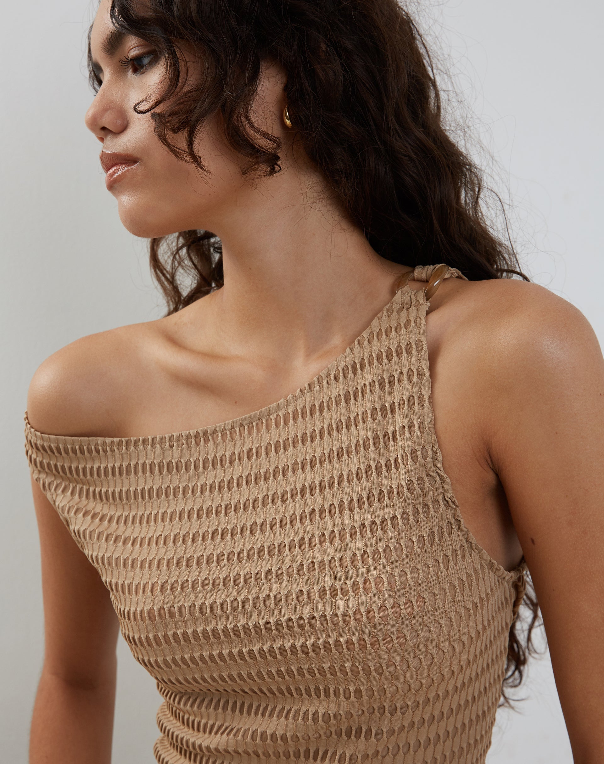 image of Peyton One Shoulder Waffle Knit Top in Oat