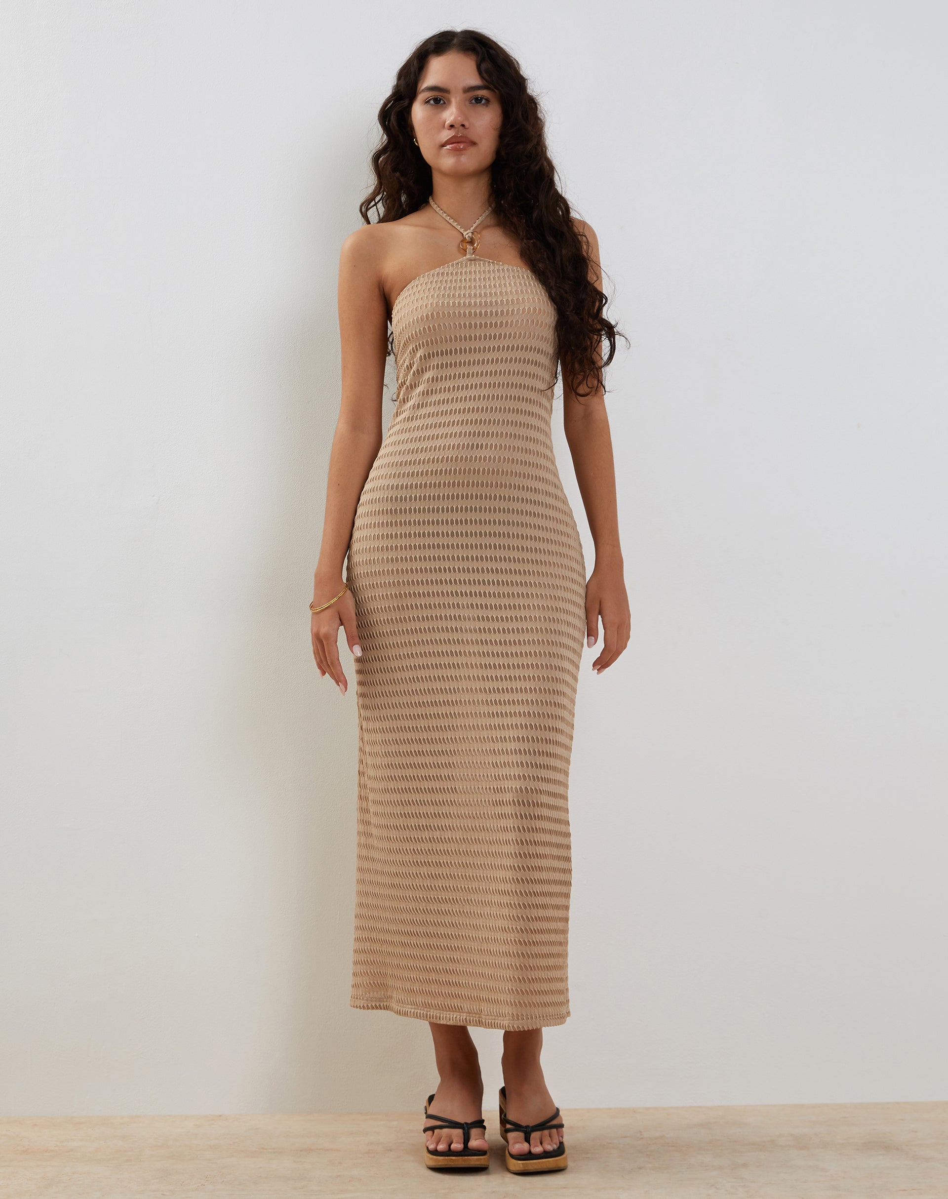 Emersyn Waffle Knit Halterneck Midi Dress in Oat Emersyn Waffle Knit Halterneck Midi Dress in Oat