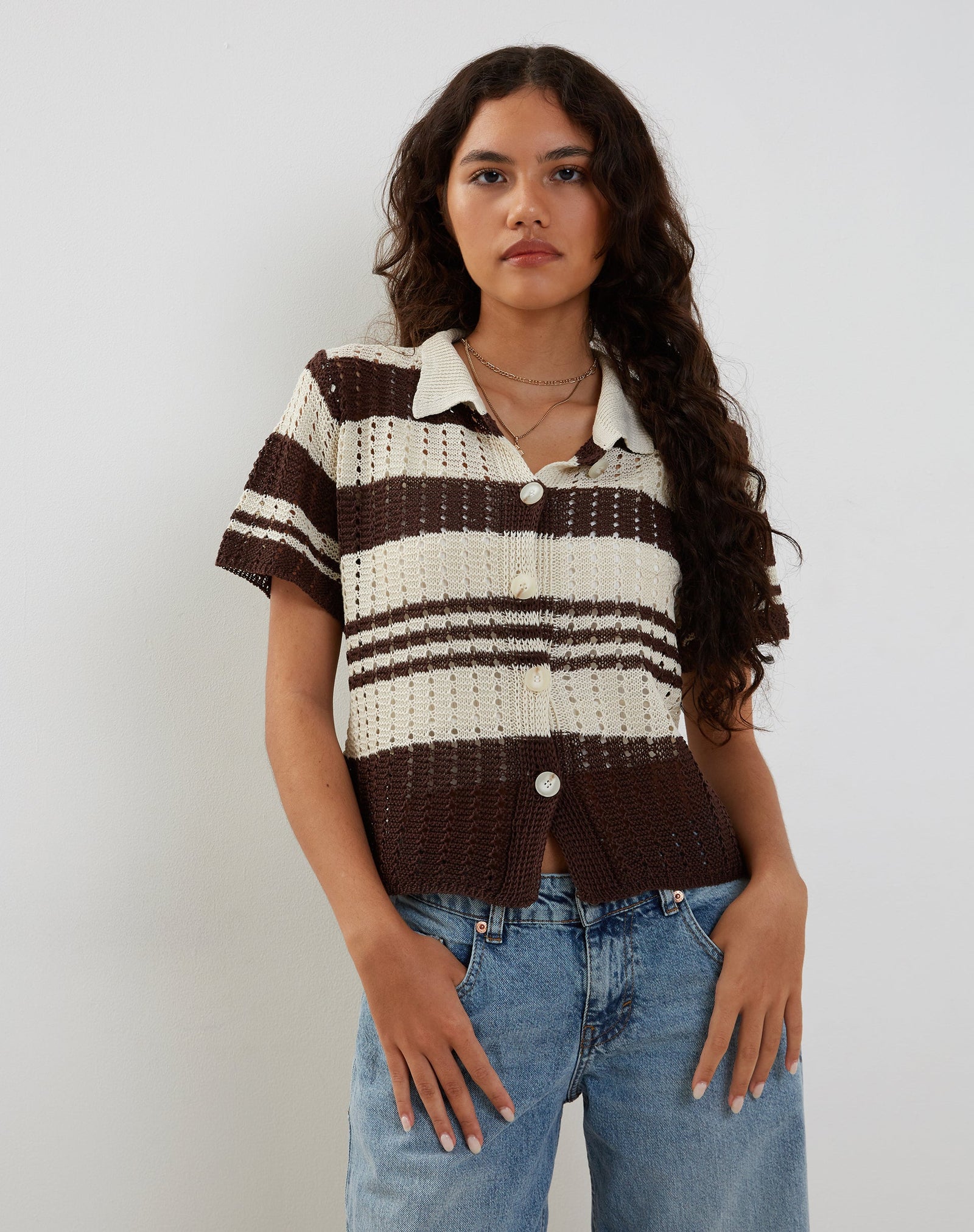 Neutral Stripe Pointelle Knitted Polo Top | Siwi – motelrocks-com-us