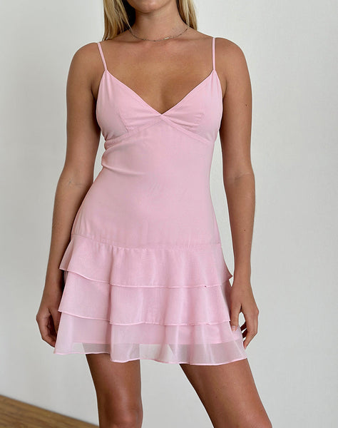 Riasi Ruffle Mini Dress in Chiffon Baby Pink , V Neck Riasi Ruffle Mini Dress in Chiffon Baby Pink , V Neck