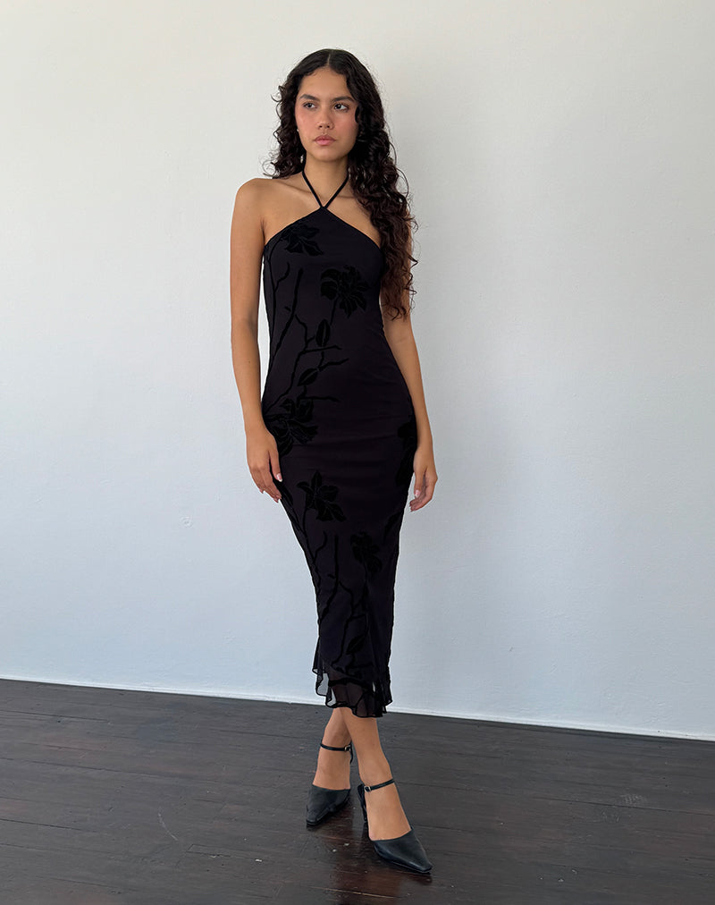 Black Orchids Flock Halterneck Midi Dress | Ribka – motelrocks-com-us