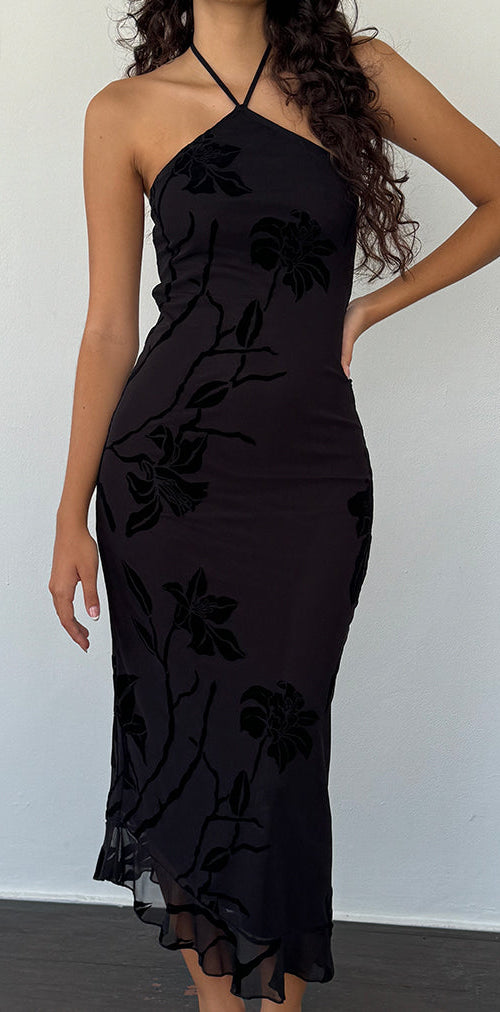 Image of Ribka Halterneck Midi Dress in Orchids Flock Black