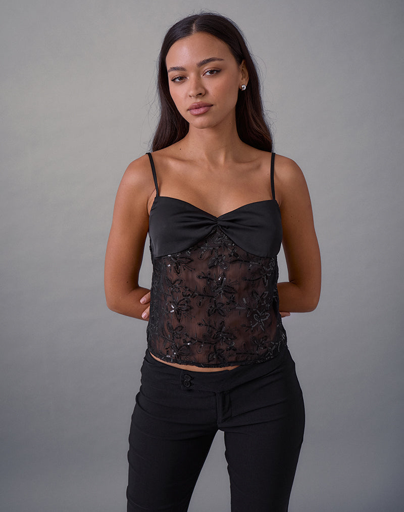 Image of Rikasu Top in Floral Chiffon Sequin Black