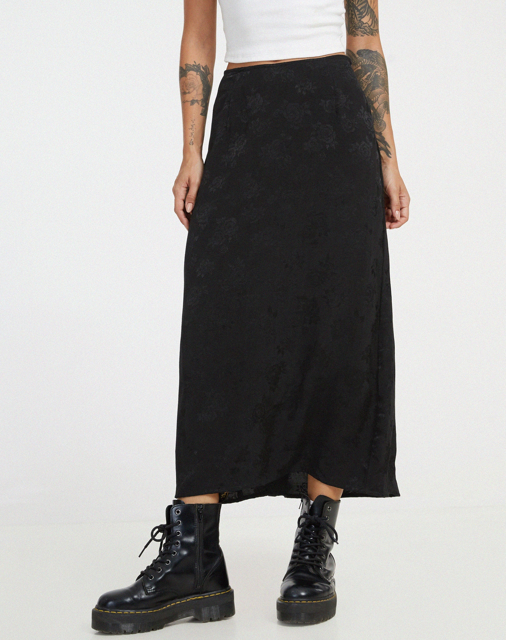 image of Rindu Midi Skirt in Satin Rose Black