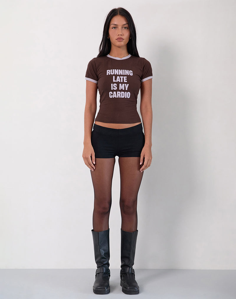 Image of Rinea Tee Top in Bitter Chocolate with Violet Binding and Running Late Slogan