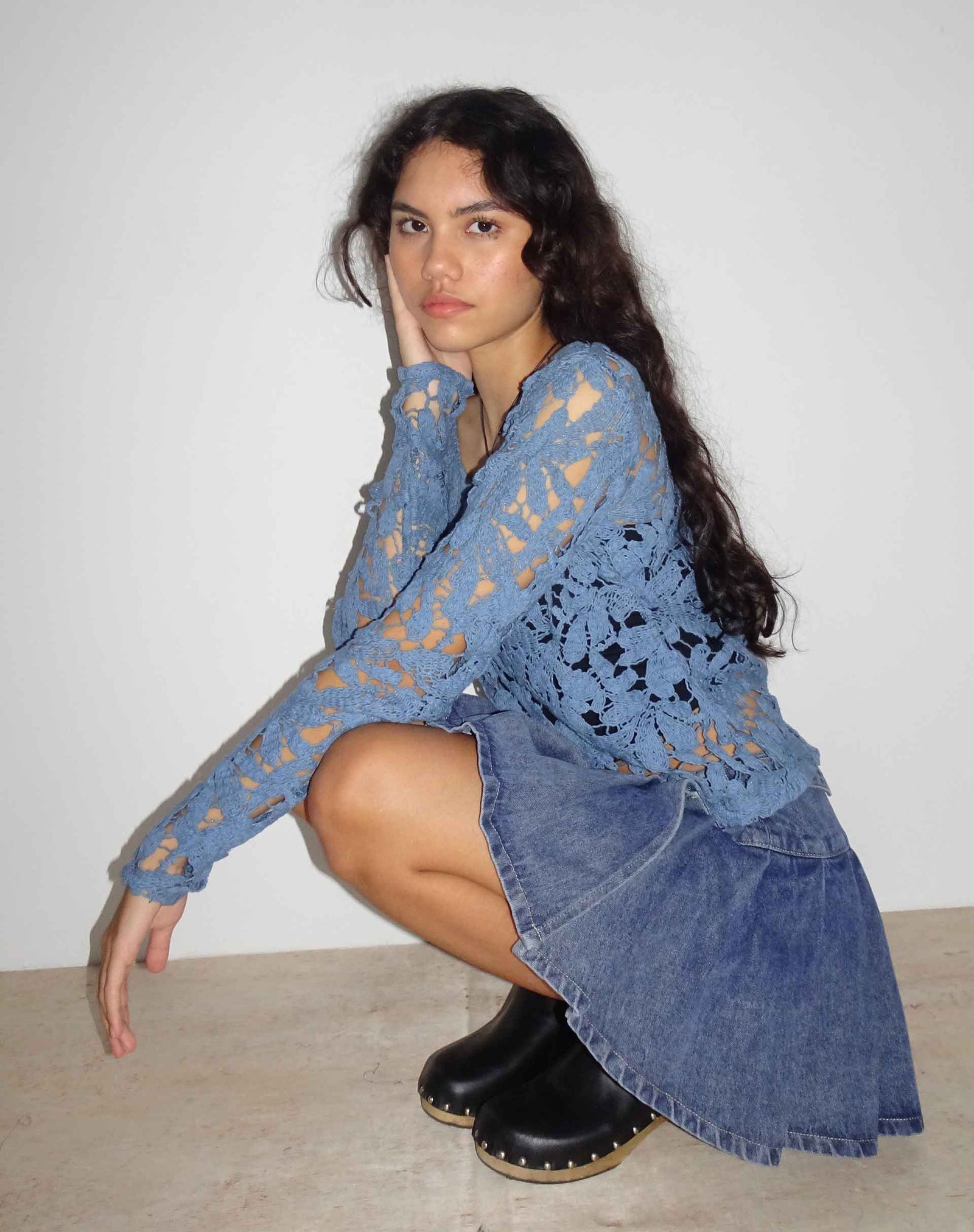 Moonlight Blue Floral Crochet Long Sleeve Top | Ripu – motelrocks