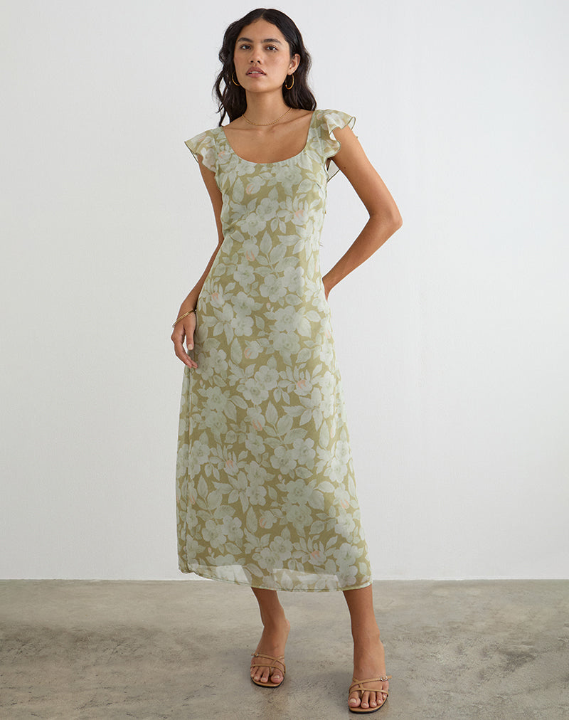 Pale Flower Green Scoop Neck Midi Dress | Risala – motelrocks-com-us