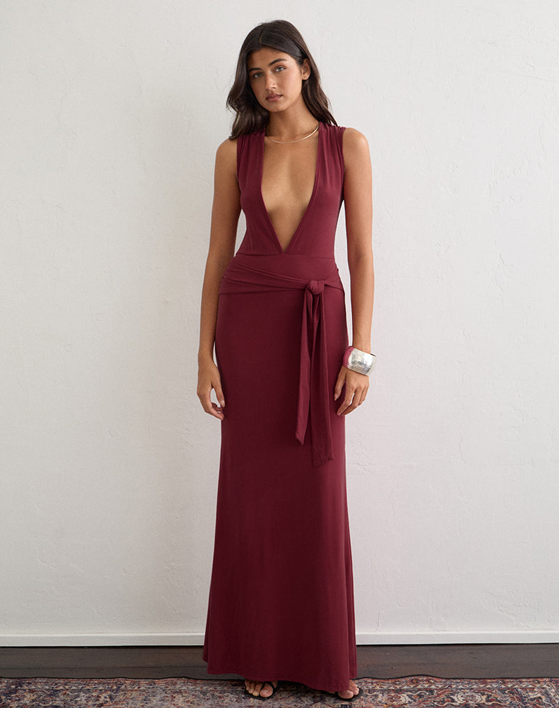 Image of Rohasy Plunge Maxi Dress in Cupro Burgundy