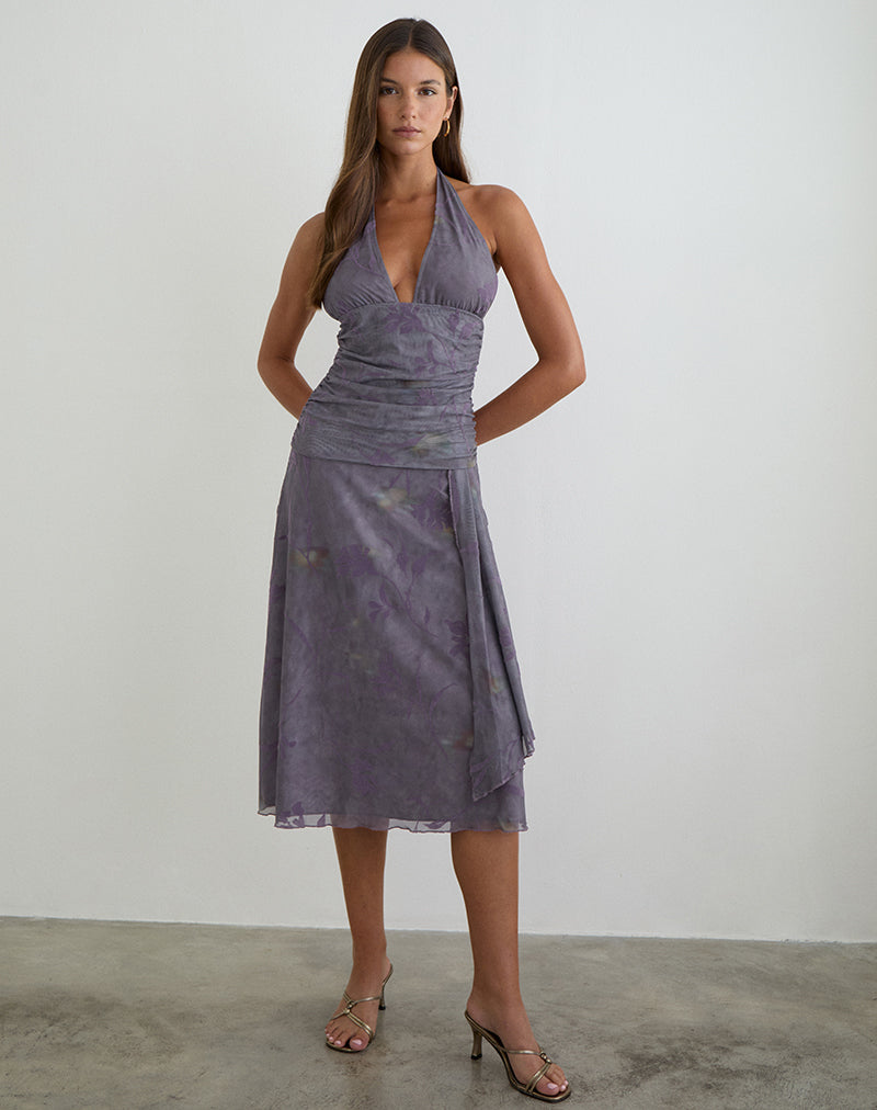 Rokoyo Halterneck Midi Dress in Flare Flower Purple