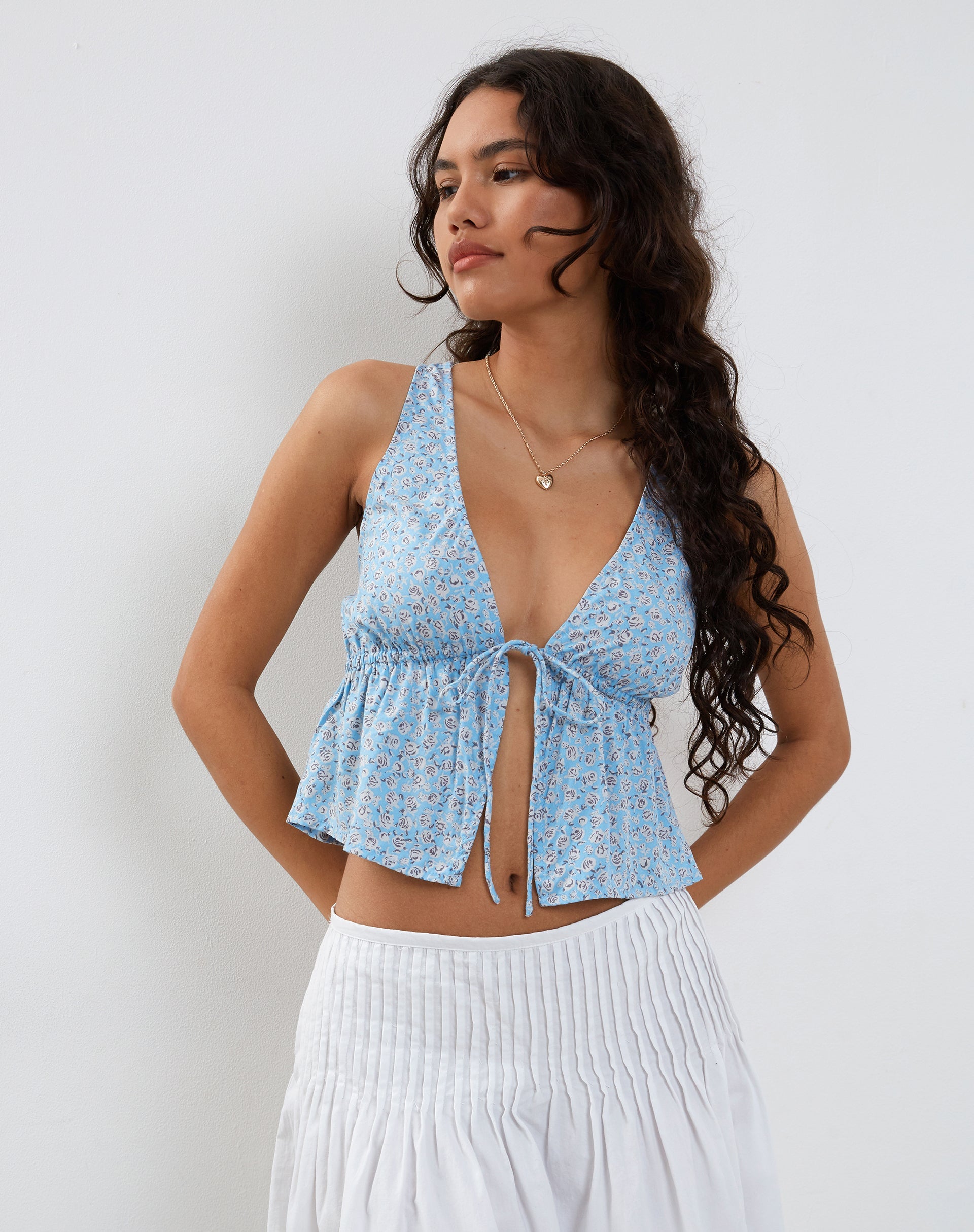 image of Rolia Tie Front Top in Ditsy Rose Blue