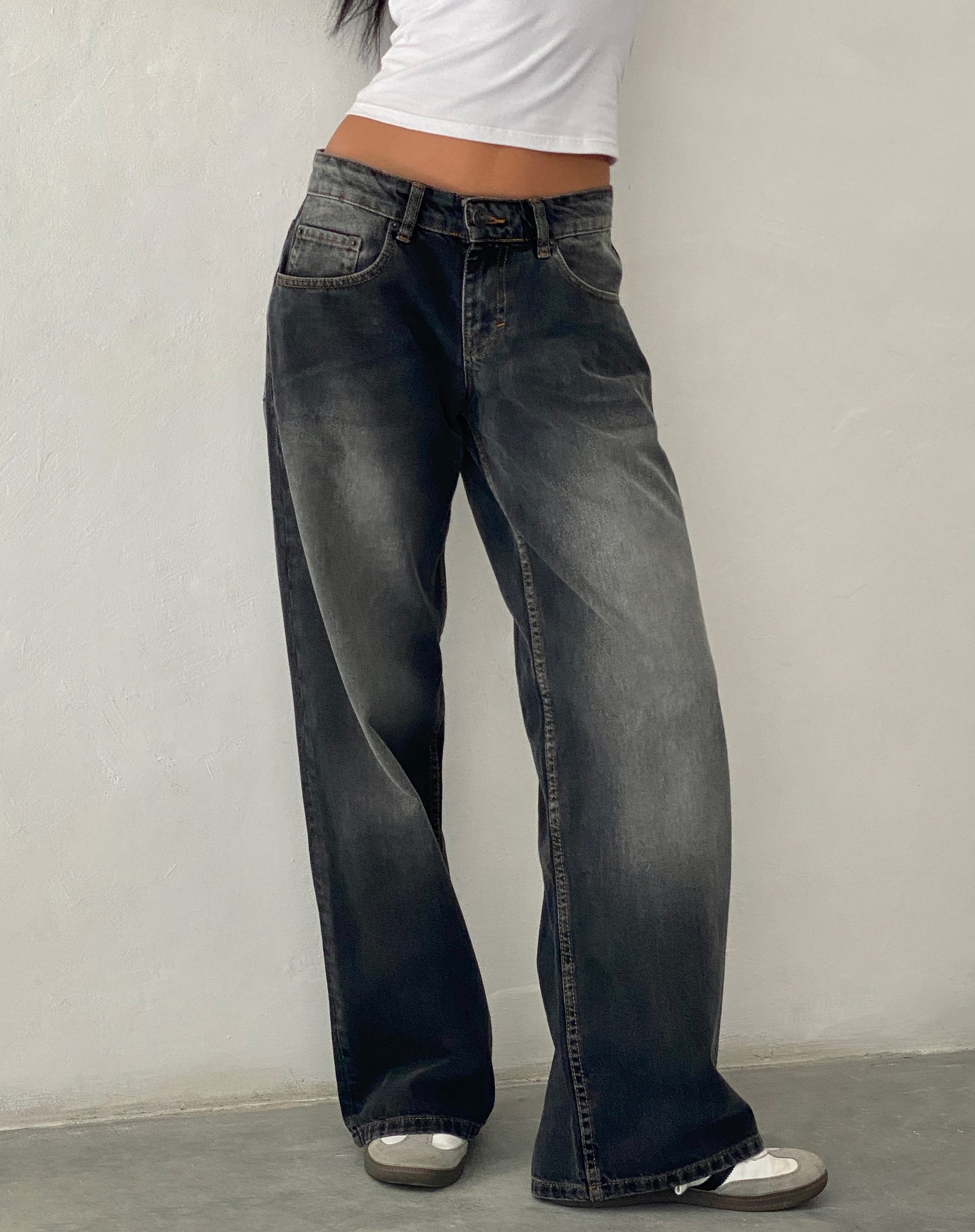 Grey Used Bleach Low Rise Jeans | Roomy – motelrocks-com-us