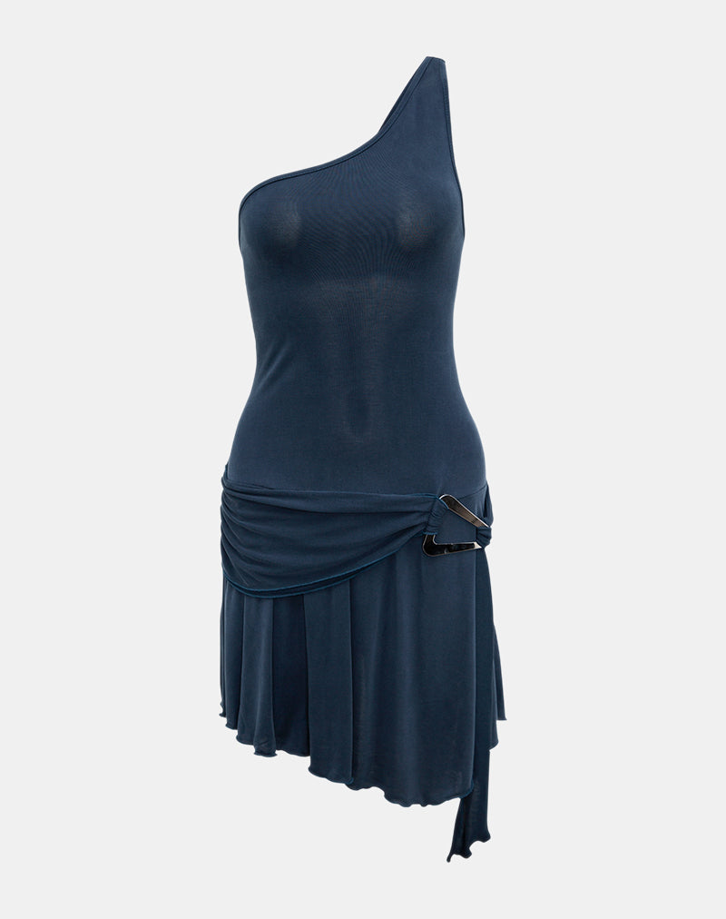 Roshni Asymmetric Mini Dress in Ocean Storm