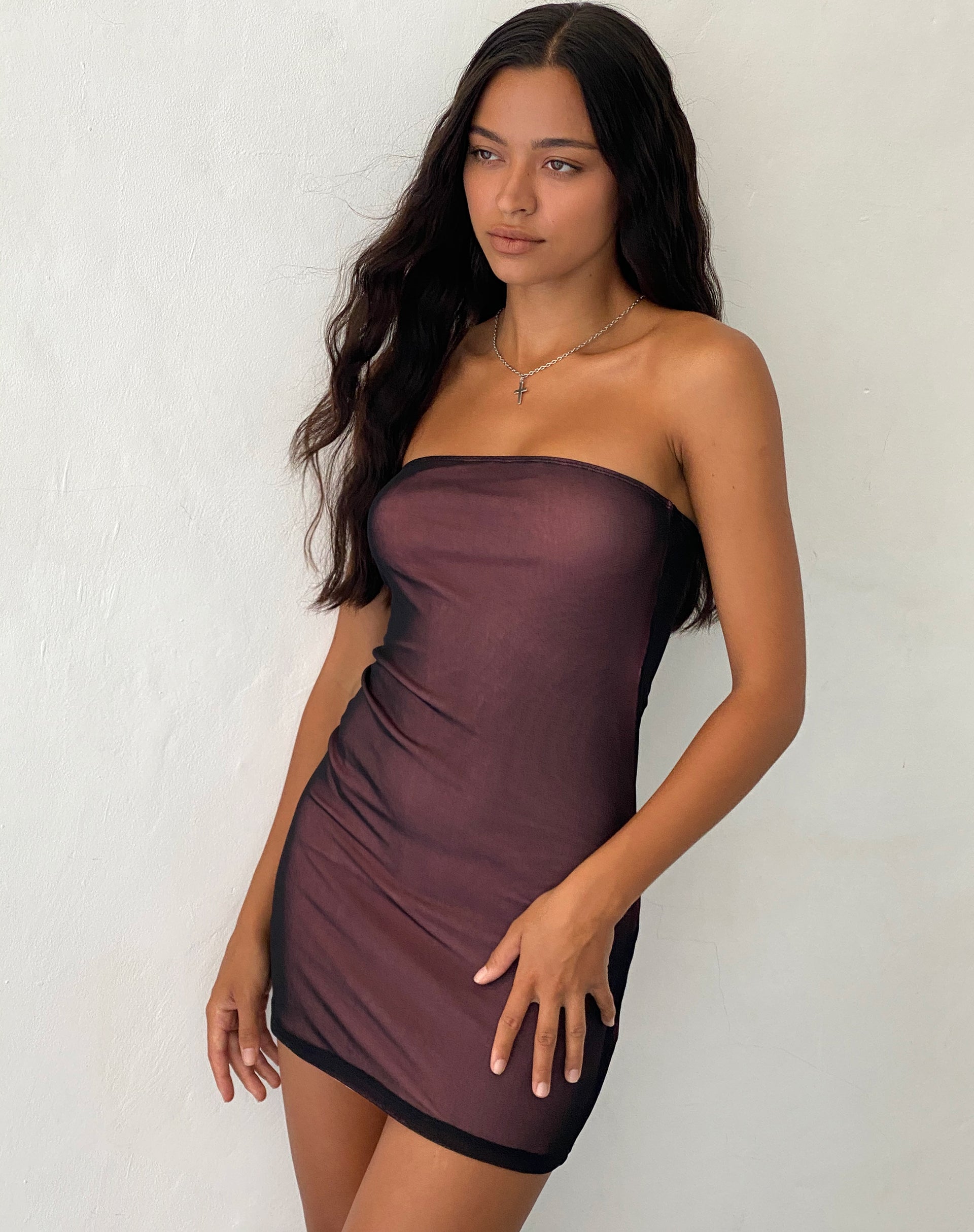 Rowena Bandeau Mesh Mini Dress in Black with Pink Lining Rowena Bandeau Mesh Mini Dress in Black with Pink Lining