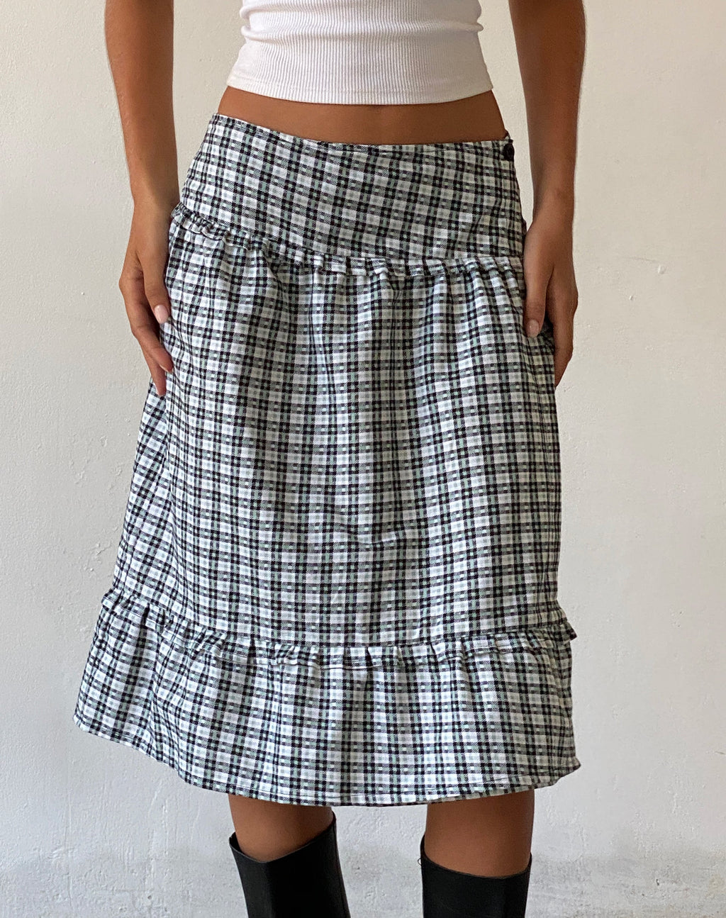 Kasya Frill Hem Midi Wrap Skirt in Brandy Check