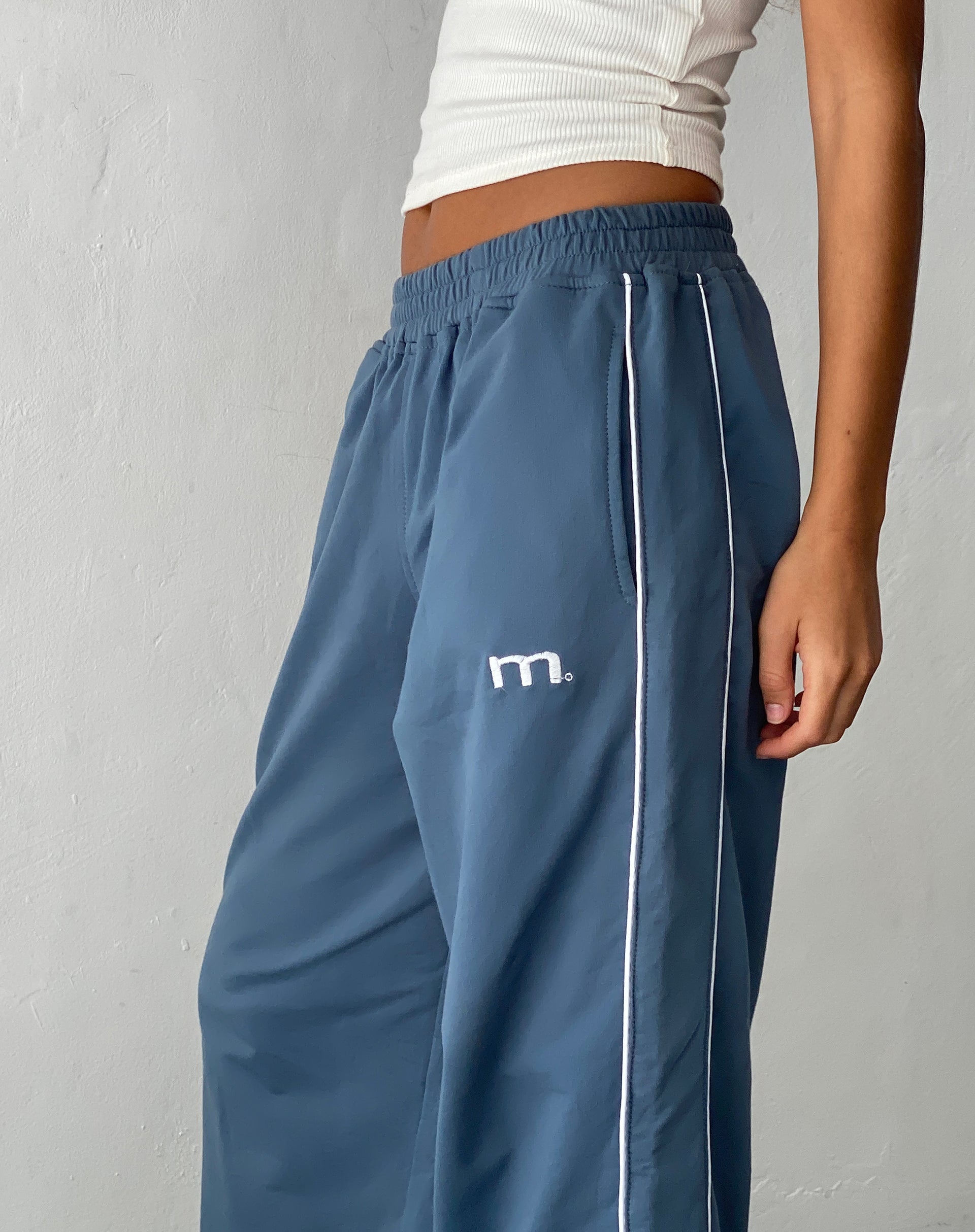 Image of Benton Wide Leg Jogger in Blue with 'M' Embroidery