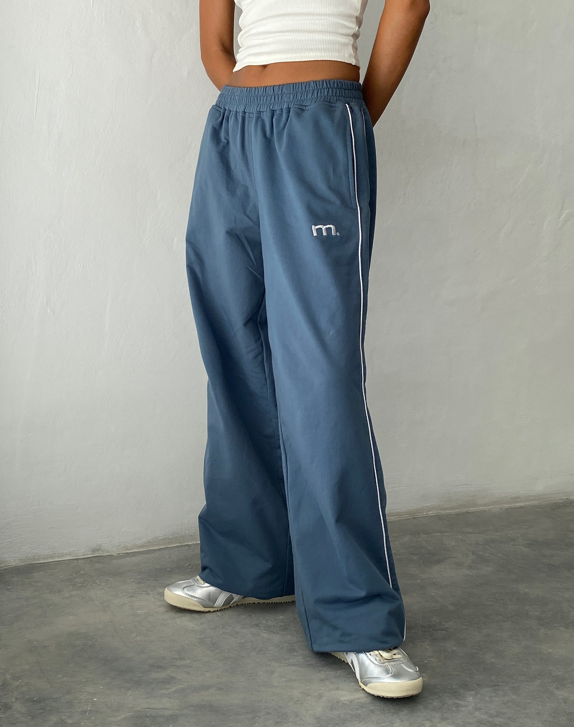 Image of Benton Wide Leg Jogger in Blue with 'M' Embroidery