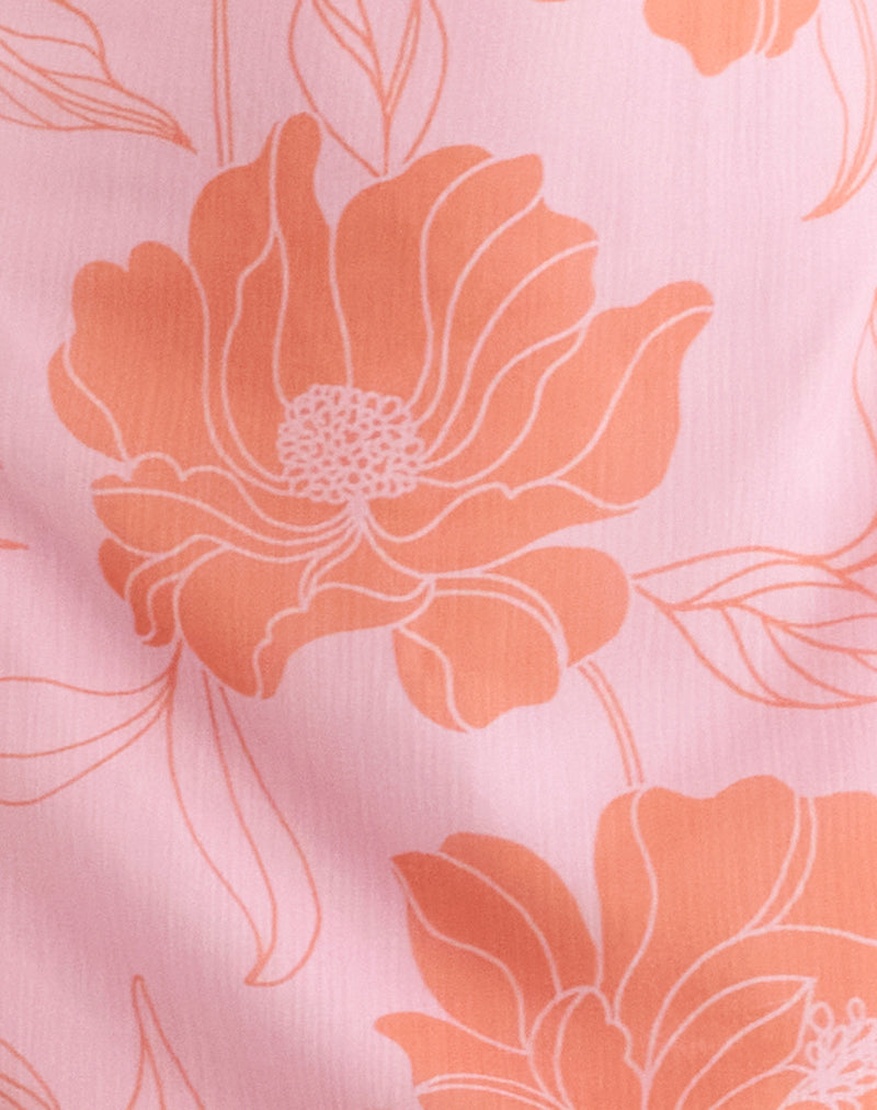 Rujira Cowl Midi Dress in Floral Pink Orange , Zip Up