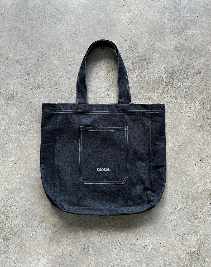 Image of Ruka Tote Bag in Denim Indigo with White Motel Embroidery