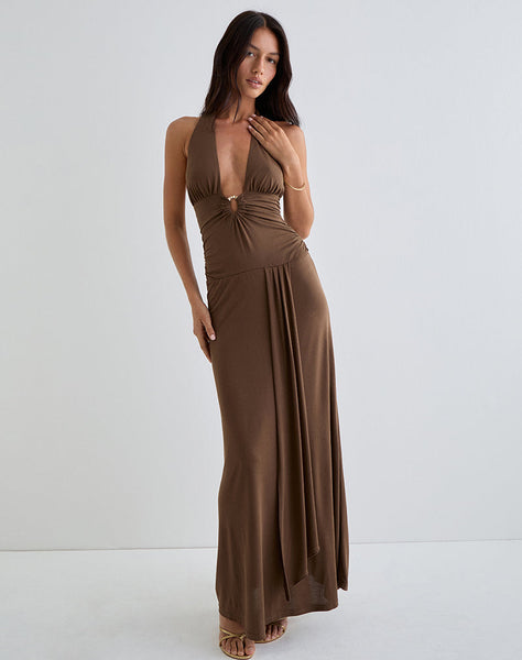 Ryoko Maxi Dress in Cupro Dark Brown , Halter Neck , Plunge Neckline Ryoko Maxi Dress in Cupro Dark Brown , Halter Neck , Plunge Neckline