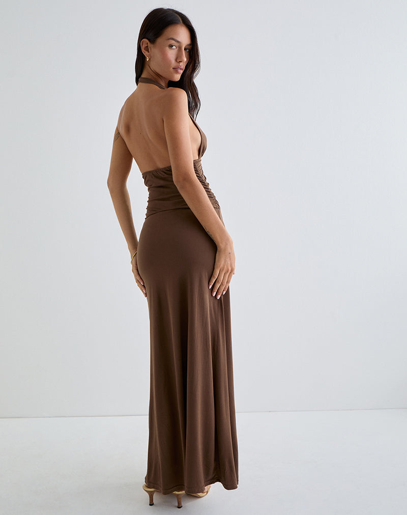 Ryoko Maxi Dress in Cupro Dark Brown , Halter Neck , Plunge Neckline Ryoko Maxi Dress in Cupro Dark Brown , Halter Neck , Plunge Neckline