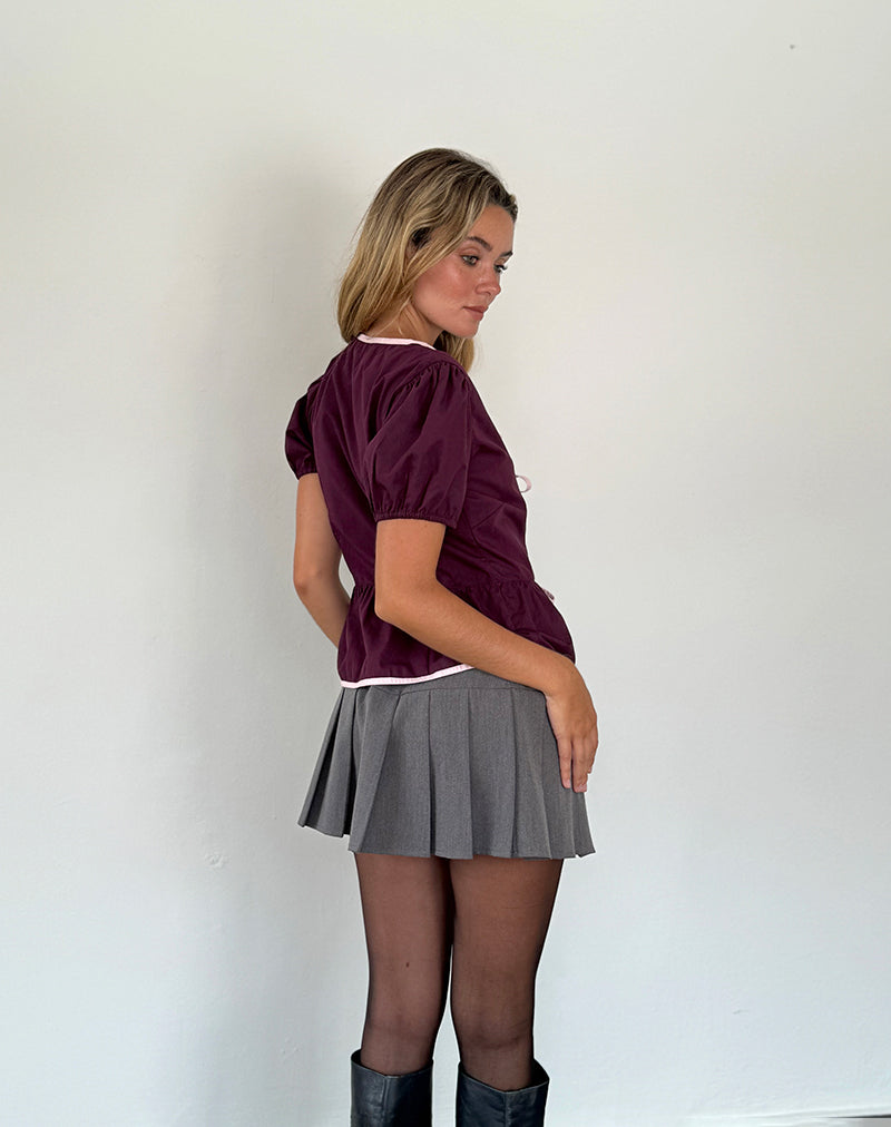 Ryota Tie Front Blouse in Oxblood with Pink Lady Binding