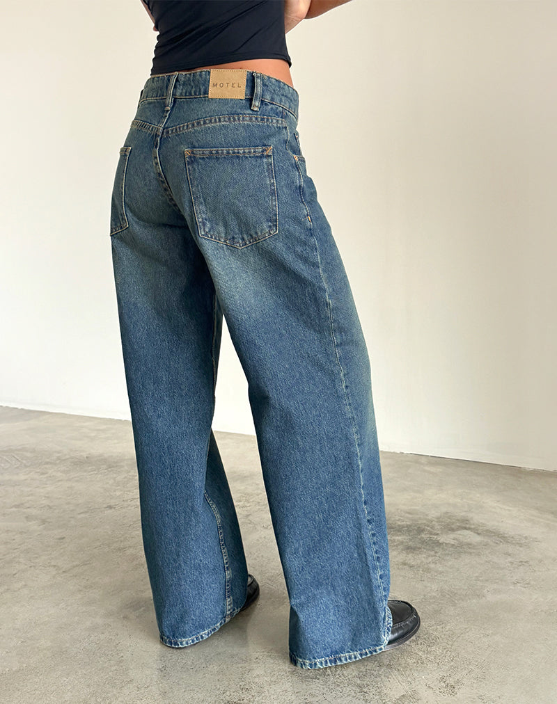 Roomy Extra Wide Raw Hem Low Rise Jeans in Vintage Blue Wash
