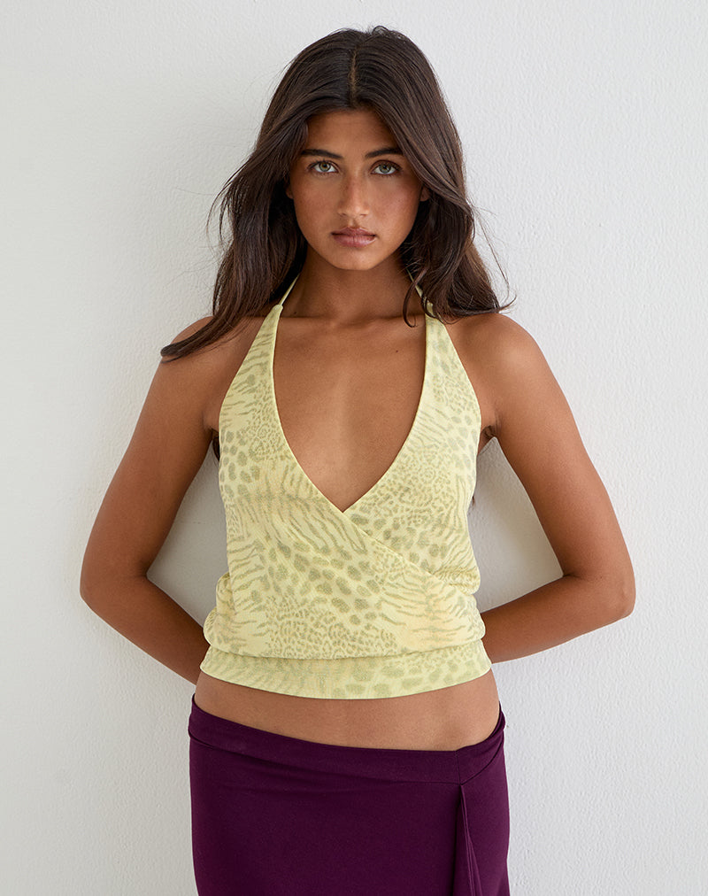 Sadara Drape Halter Top in Green Leopard