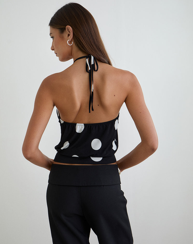 Image of Saerin Halter Top in Monochrome Black with White Polka Print