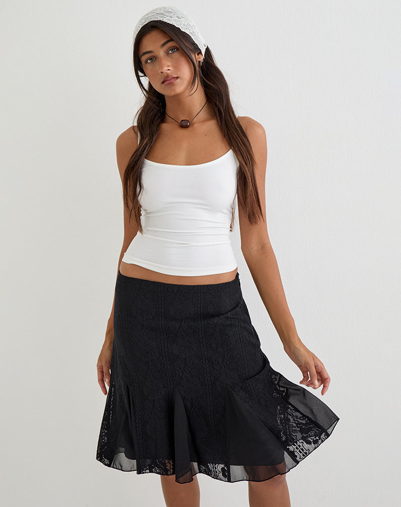 Ivory Lace with Black Vine Print Low Rise Midi Skirt | Laykha