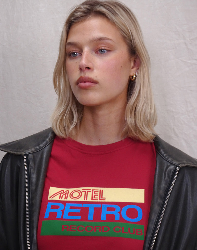 Image of Saki Tee in Adrenaline Red with Motel Retro Club Motif