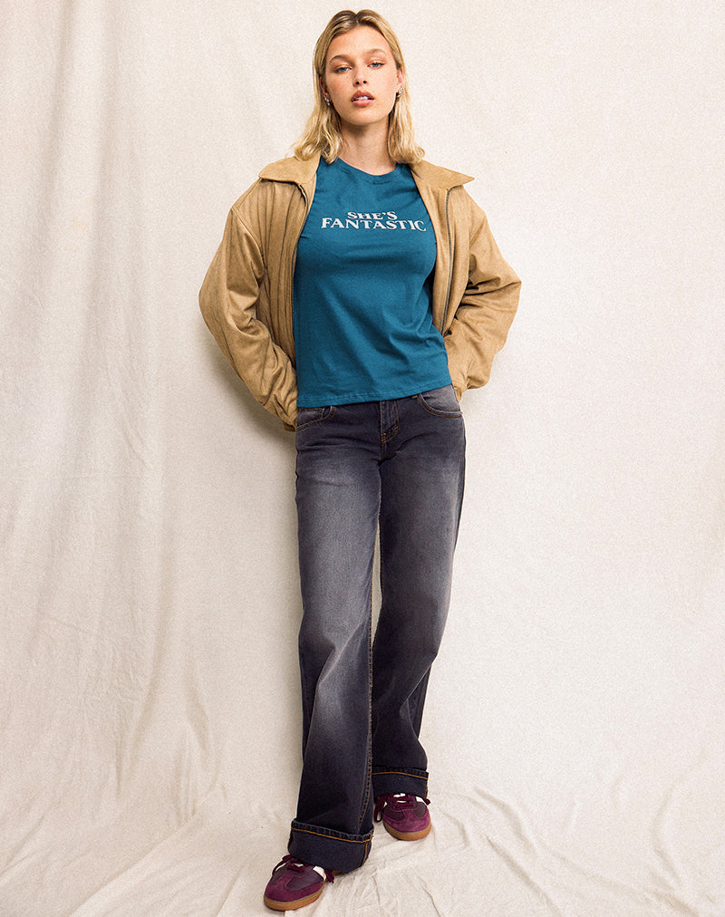 Image of Saki Tee in Mediterranean Blue with She's Fantastic Slogan