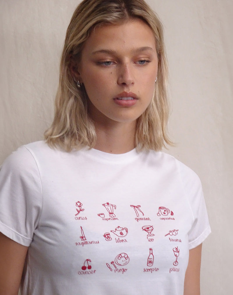 Saki Tee in White with Red Star Signs Print