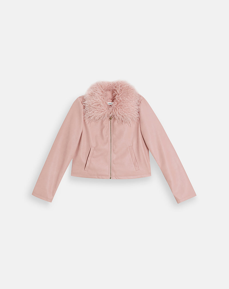 Image of Saku Jacket in PU Dusty Pink with Faux Fur Collar
