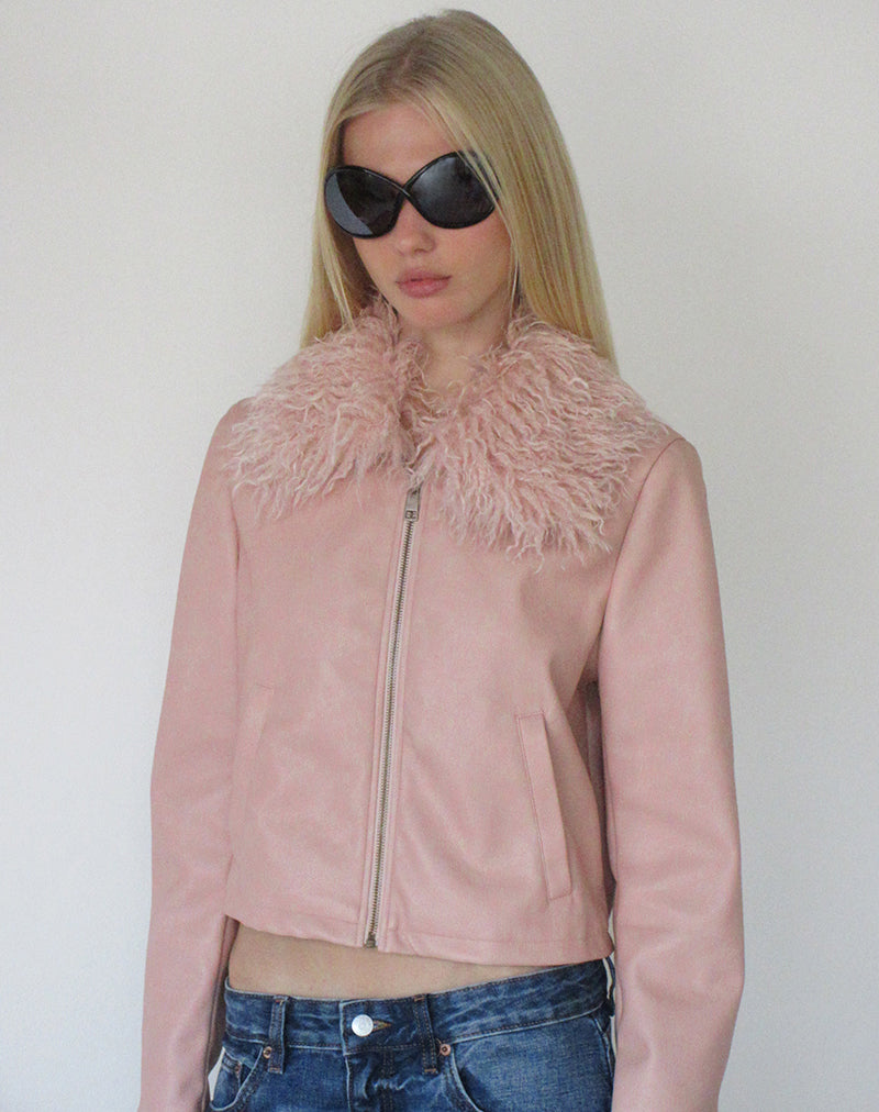 Image of Saku Jacket in PU Dusty Pink with Faux Fur Collar