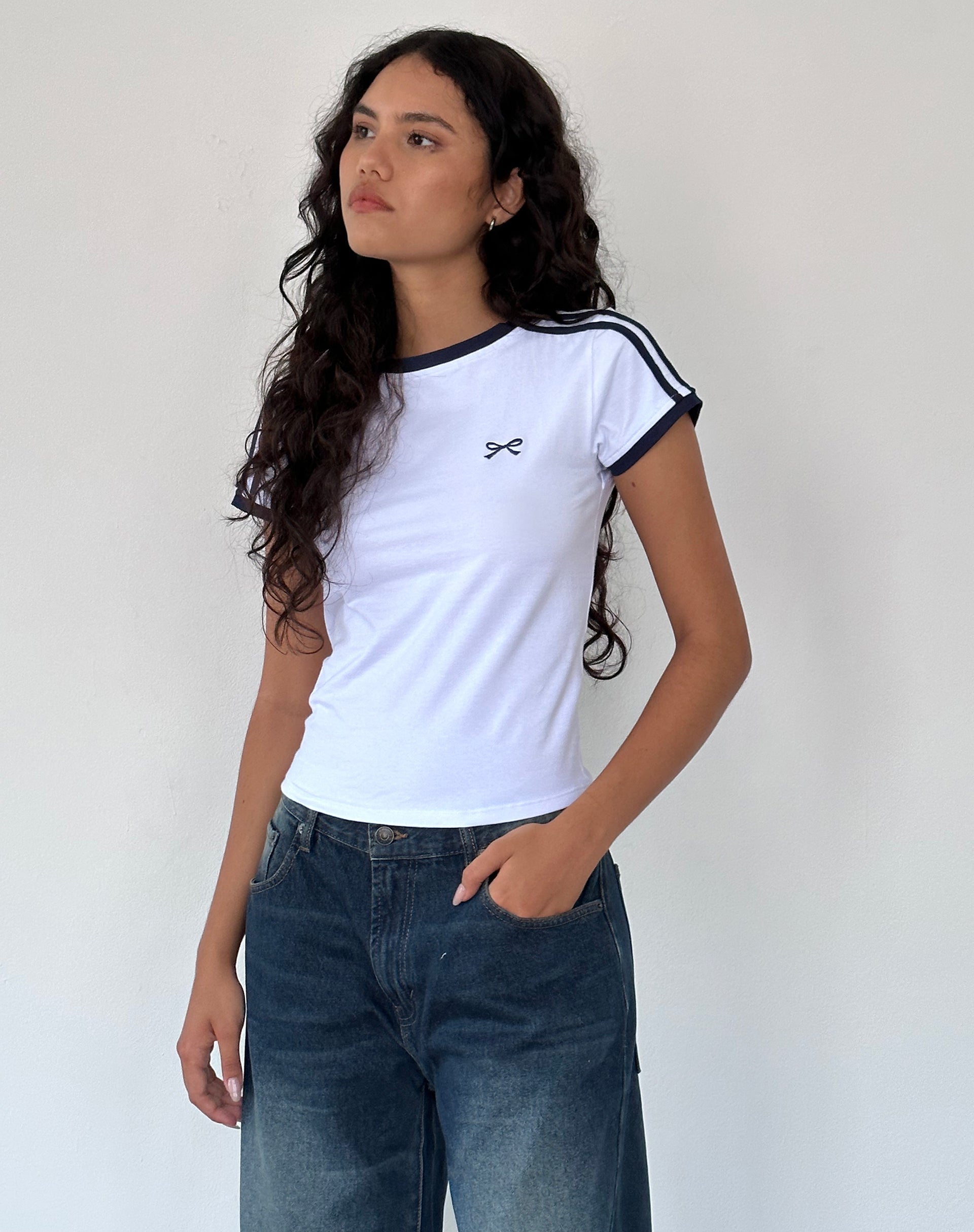 Image of Salda Sporty Tee in White with Navy Binding