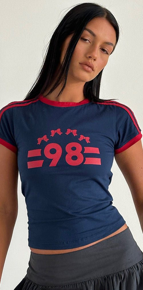 Image of Salda Tee in Navy with Adrenaline Red Binding and '98' Emb