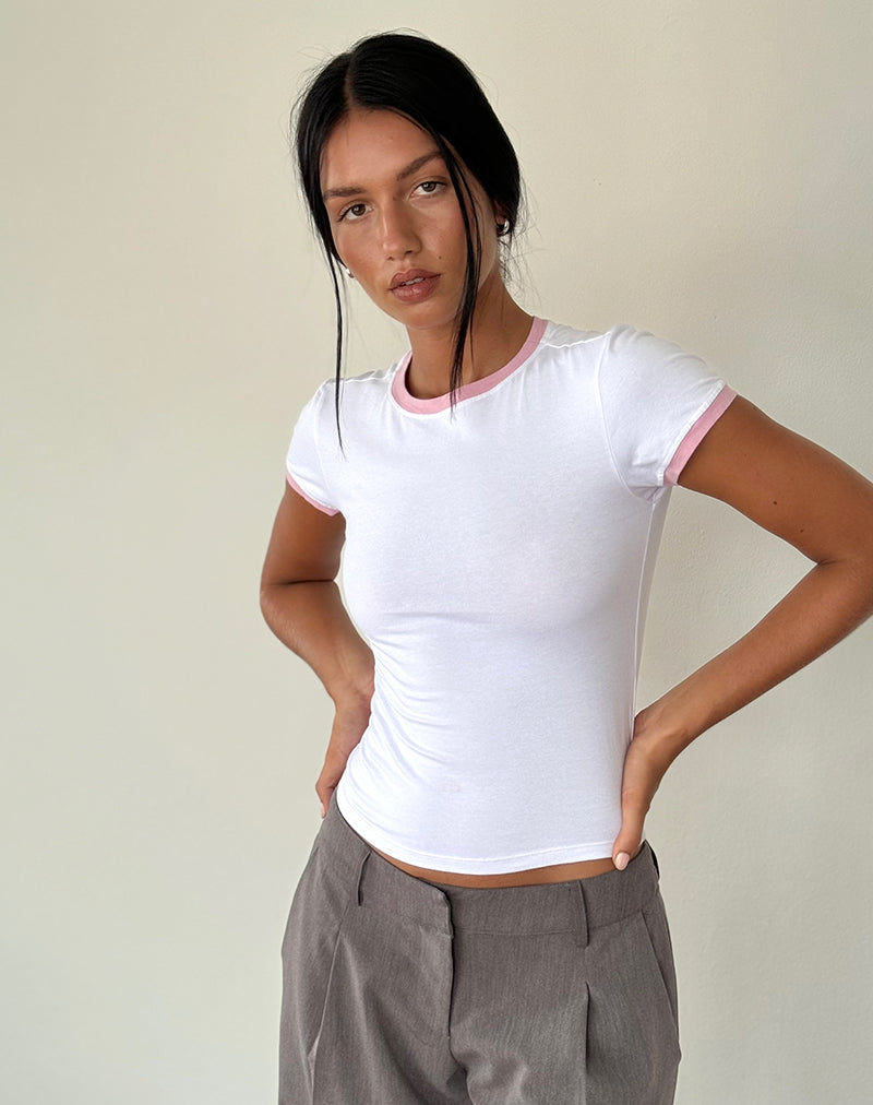 Salida Top in White with Flamingo Pink Binding