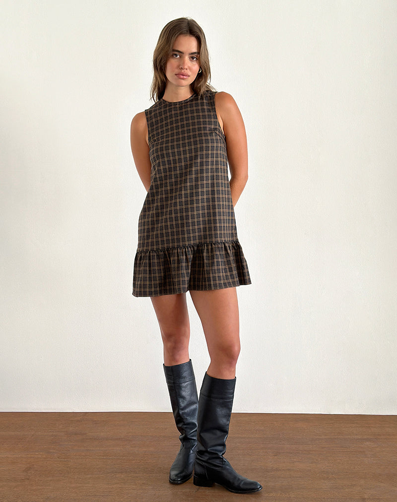 Brown Check Print Sleeveless Babydoll Mini Dress | Samana motelrocks-com-us Brown Check Print Sleeveless Babydoll Mini Dress | Samana motelrocks-com-us