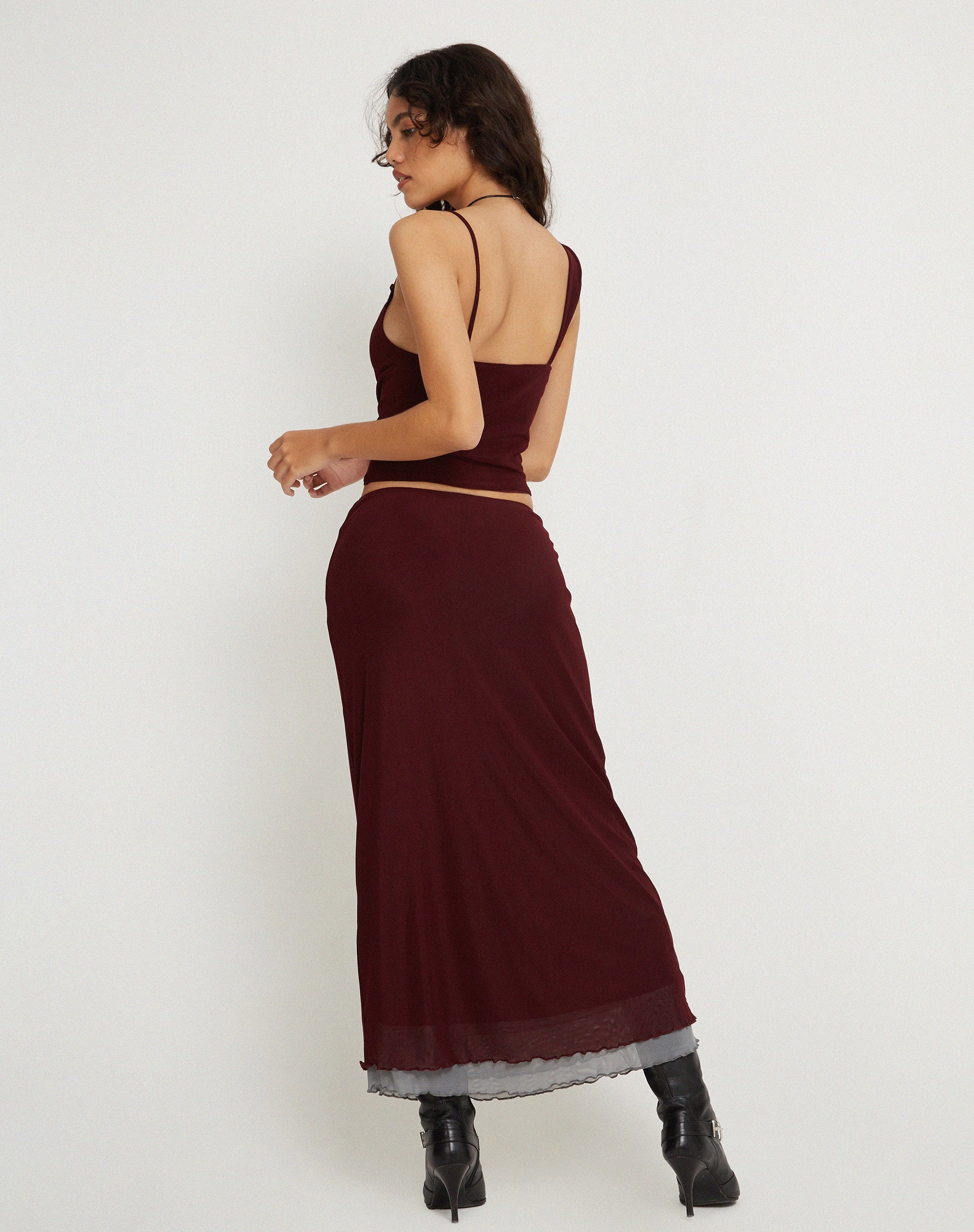 Image of Tresha Maxi Skirt in Mesh Burgundy